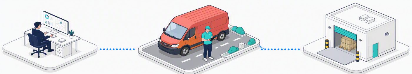 Dispatch desk, delivery van and driver, and receiving warehouse connected on one record