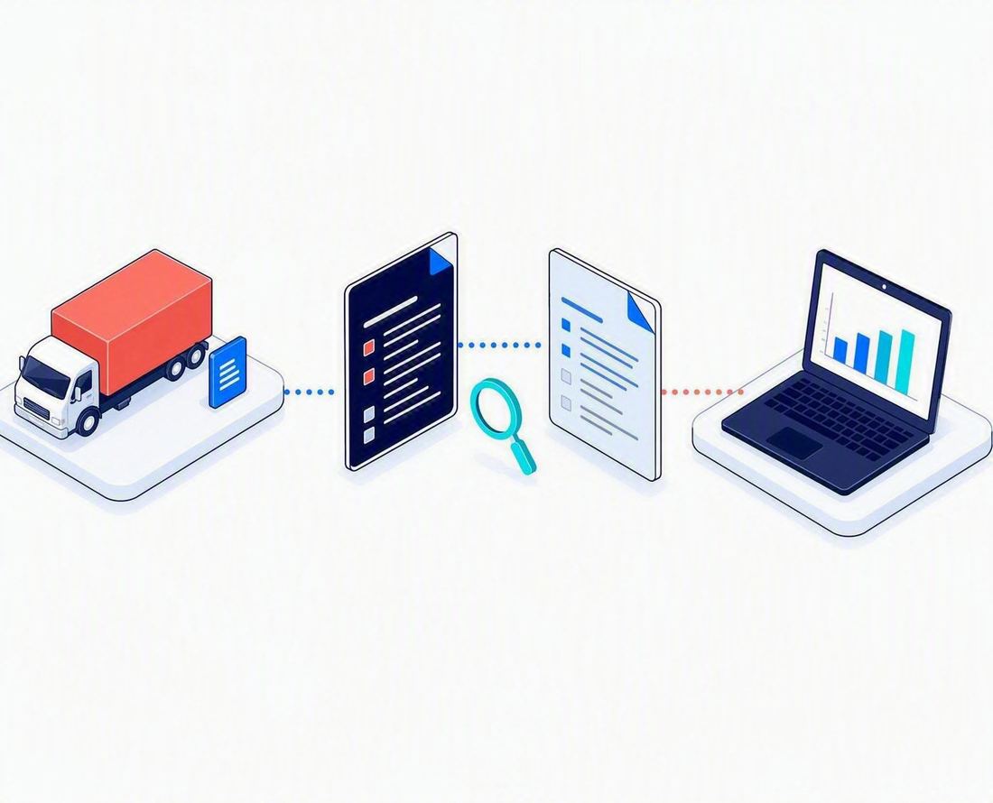 A shipment record and a carrier invoice compared line by line, feeding reporting on a laptop