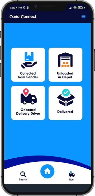 Cario Connect driver app showing scan milestones from collection through to delivery