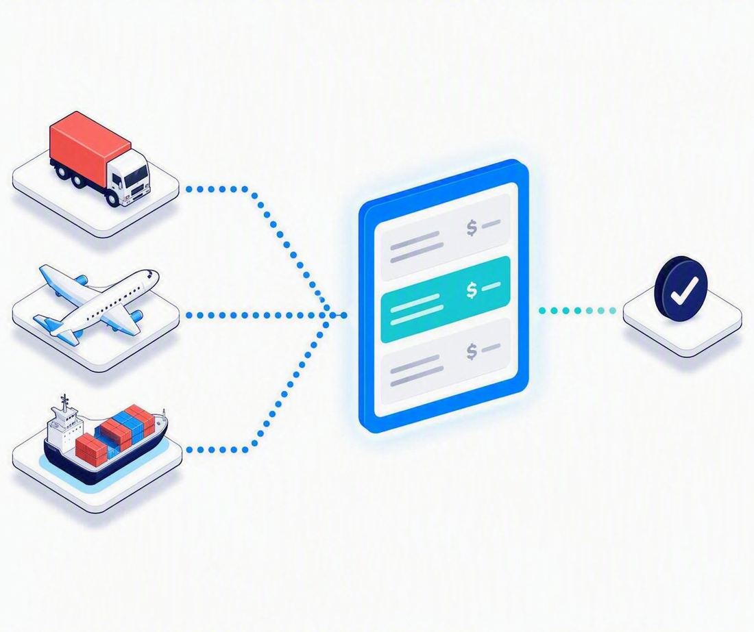 Road, air and sea carrier options compared on price in one panel, with a single service selected